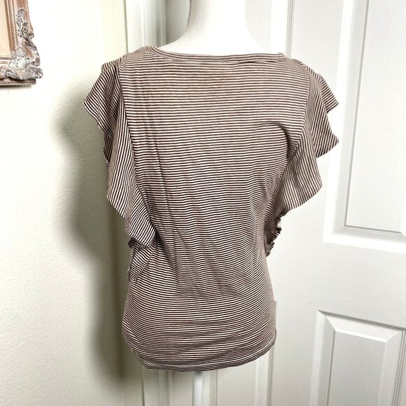 Vintage Mossimo Brown Stripe Scoop Neck Tee Sleeve Ruffles Size Small Preowned - Picture 7 of 7